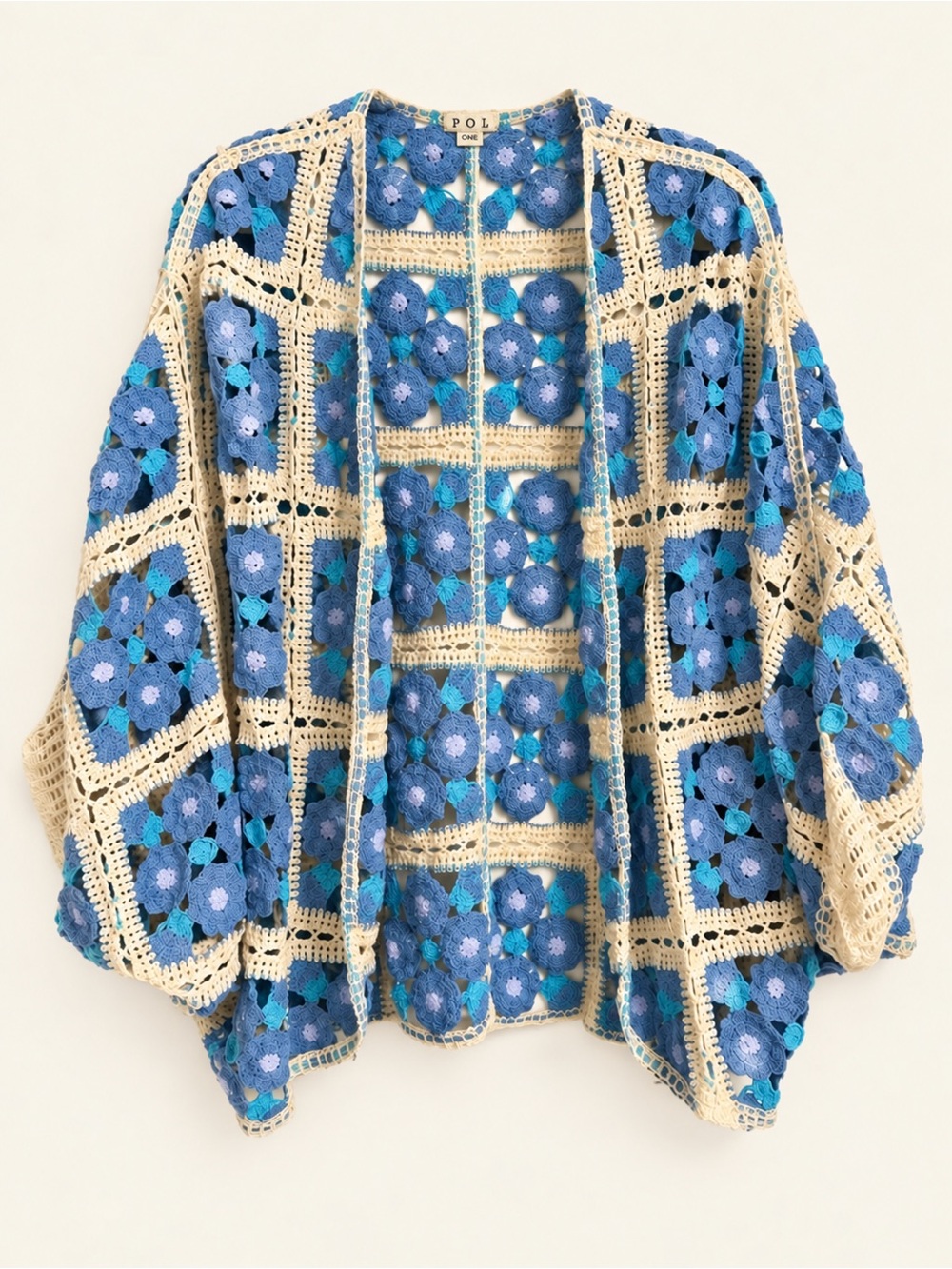 POL Granny Square Crochet Cardigan Blue One Size